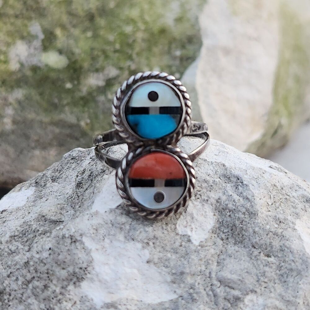 Vintage 70s 80s  Double Zuni Sunface moon Inlay Ring sz 5